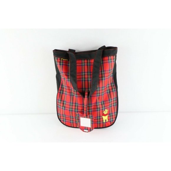 Vintage 90s Disney Winnie the Pooh Spell Out Plaid Handled Tote Bag Sack Red main image 10